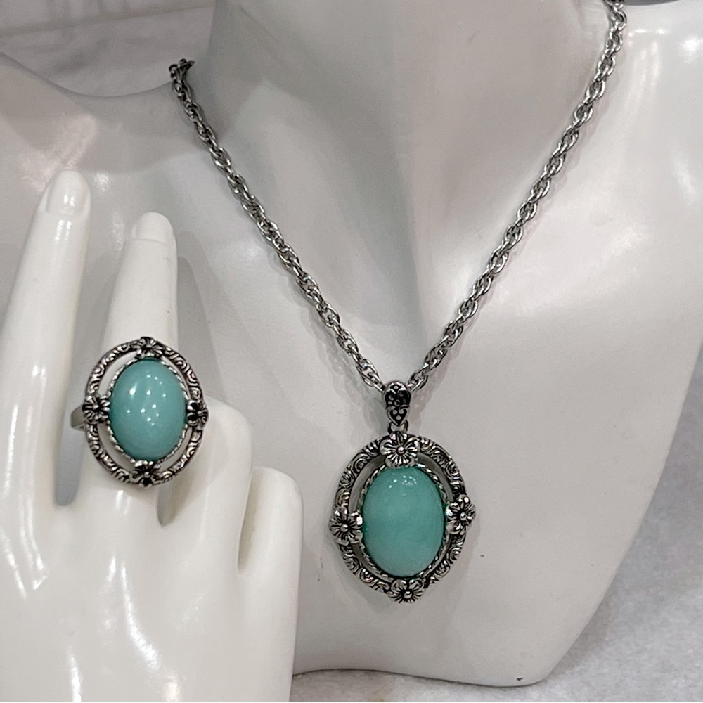 Russian Amazonite Black Oxidized Silver Floral Pendant Necklace and Ring